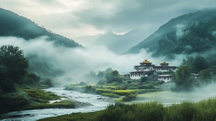 A peaceful monastery surrounded by misty mountains and flowing streams. picture