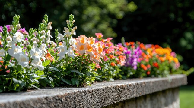 Colorful snapdragons in a garden border, sunny day. Use Gardening website or blog