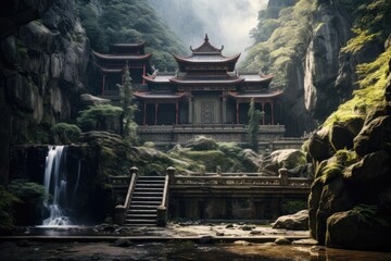 Fototapeta premium A tranquil Buddhist temple nestled in the majestic mountains features elegant architecture and flowing waterfalls, embodying serenity in nature's calm embrace