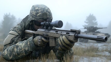 Soldier aiming rifle, foggy forest, tank background, military operation
