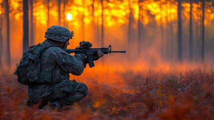 Fototapeta premium Soldier aiming rifle, sunset forest, combat training