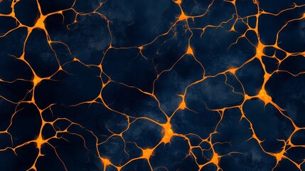 Abstract Dark Blue and Black Cracked Surface with Glowing Orange