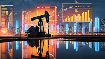 Oil Pump Jack with Digital Financial Charts and Modern City Skyline Reflected in Water During Twilight
- Powered by Adobe