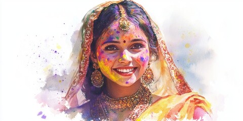 A woman wearing a yellow sari with a gold necklace and a gold headband. She is smiling and has colorful makeup on her face