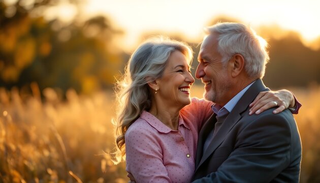 Pareja de se&ntilde;ores mayores con canas y arrugas. Abrazados, enamorados y felices