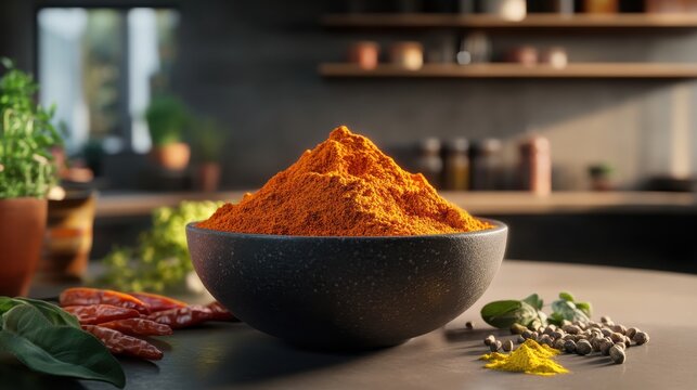 A bowl of mixed spices like turmeric, paprika, and cumin displayed on a kitchen counter