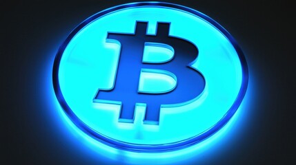 Obraz premium Illuminated blue Bitcoin symbol in a circular design, representing cryptocurrency and digital finance in a modern context.