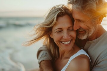 Joyful middle aged couple enjoying a sunset at the beach, embracing and sharing smiles while waves gently crash around them