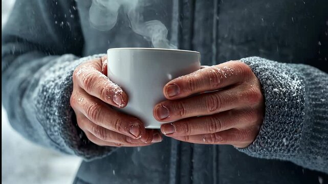 Enjoying a warm cup of coffee in a snowy landscape during a cozy winter morning