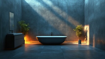 Modern bathroom, sunlit, concrete walls, plants, bathtub