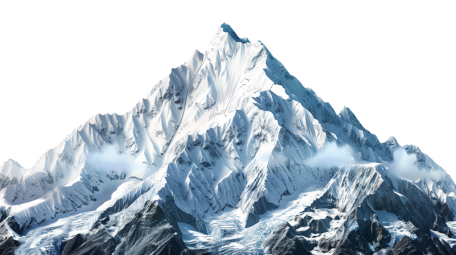 Majestic Rugged Mountain Peak With a Prominent Snow Cap Against a Bright White Background