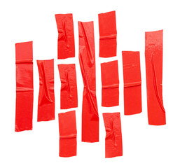 Top view set of red cloth tape or adhesive vinyl tape in stripes isolated with clipping path in png...