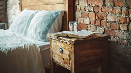 A quaint bedside table with a rustic wood finish, holding a book and a glass of water. picture