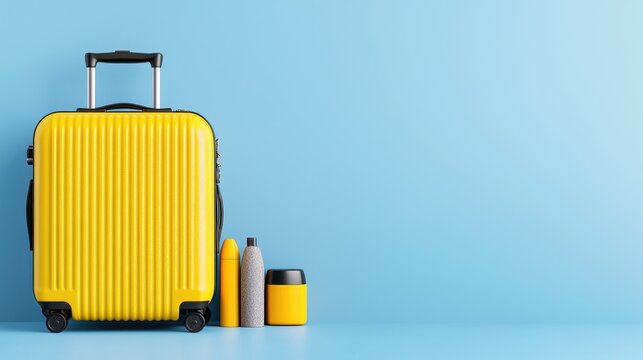 Yellow suitcase travel essentials against blue background, perfect for travel blogs or agency websites