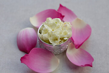 Water with jasmine flower, pink lotus petals, Songkran festival concept