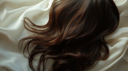 Fototapeta premium Beautiful model girl with Brown hair strand,silky healthy chestnut wavy hair strand,hair wavy ribbon, with smooth,Keratin straightening,Treatment,straight long hair,procedures,Smooth hairstyle.
