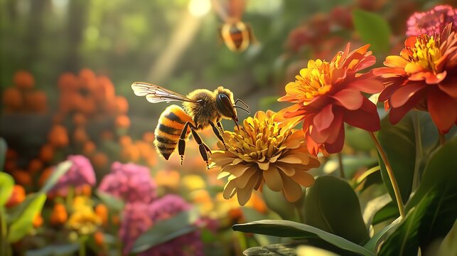 Close-Up of a Bee Pollinating Vibrant Flowers in Bloom