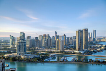 Fototapeta premium Lusail, Qatar - December 20, 2024: Aerial View of Modern Lusail Skyline. katara tower Lusail Marina 