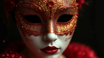 Female in ornate red mask with gold details, close-up portrait