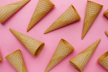 Waffle cones on pink background