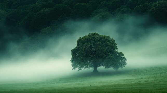 Solitary tree, misty valley, dawn, serene landscape, nature
