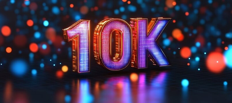 Glowing Digital 10K Number on Abstract Background for Social Media Milestones and Celebrations