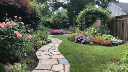 Obraz premium Serene Garden Path: A Summer's Day in Bloom