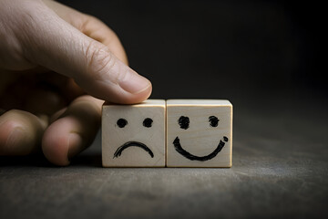 Man hand points on a wooden cube with happy smile face on bright side and unhappy face on dark side of wooden block cube for a positive mindset selection. Emotional state and mental health concept.
