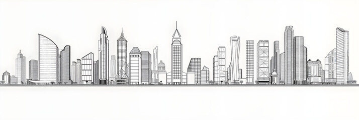 Minimalist Outline Illustrations of Diverse Architectural Structures from Modern Skyscrapers to Classic Houses