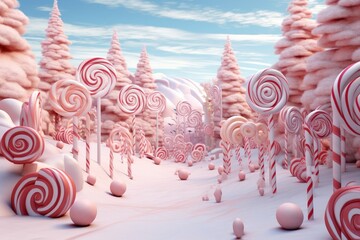 A whimsical candy cane forest filled with gumdrop trees and swirly lollipops under a bright blue sky invites visitors into a sweet, fantastical world of sugary delights and holiday cheer