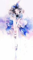 Obraz premium 優雅な静寂｜アリス風の黒髪少女と水彩の世界。不思議の国のアリスをモチーフにした水彩イラスト。スマートフォン9:16のアスペクト比 