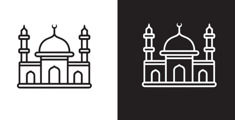 Set of Mosque icon, silhouette, outline, vector, illustration, isolated on a white and black background