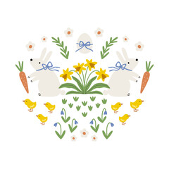 Spring floral Folk ornamental print with cute bunny. Happy Easter print in flat style and pastel colors