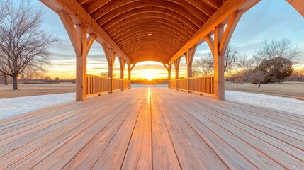 Fototapeta premium Sunset view through wooden bridge, park landscape, winter evening
