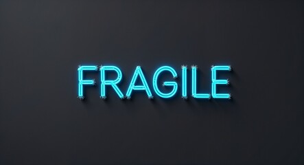 Fototapeta premium fragile word lettering with neon blue glow on plain black dark background