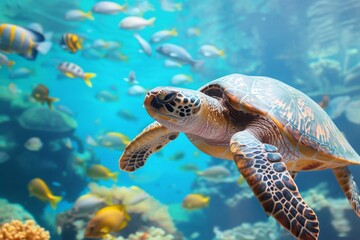 A stunning turtle gracefully swims among colorful fishes in a vibrant coral reef, showcasing the beauty of underwater life in a tropical ocean environment during daylight