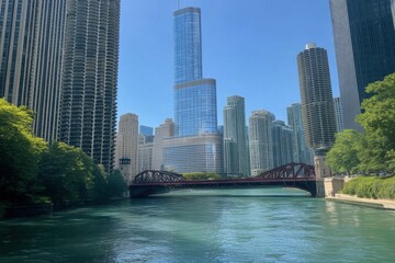 Naklejka premium A stunning skyline showcases sleek modern skyscrapers rising majestically alongside a glistening river on a bright, sunny day in a vibrant urban city