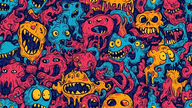 Hand-drawn doodle seamless pattern featuring whimsical characters and playful decorative elements