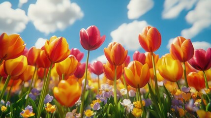 Fototapeta premium Colorful tulip garden blooms under a blue sky with fluffy clouds on a sunny day in spring