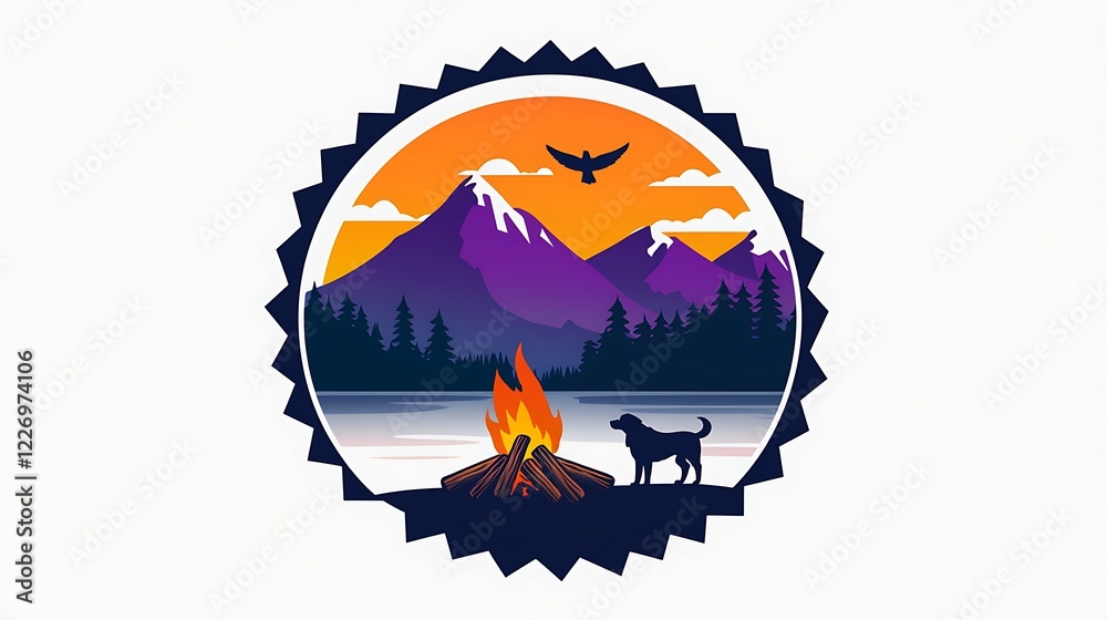 Wall mural Pixel Art Sunset Mountain Lake Campfire Dog Silhouette Badge