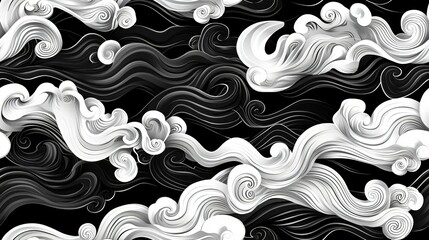 Fototapeta premium Monochrome seamless pattern with elegant black-and-white abstract waves and curves