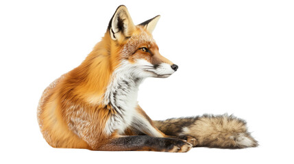 Obraz premium Relaxed Red Fox Posing Gracefully Against a Clean White Background Highlighting Its Vibrant Fur and Calm Demeanor