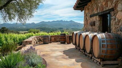 Fototapeta premium A rustic winery with oak barrels stacked along stone walls. picture