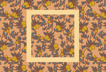 Hand drawn botanical illustration of lemon tree. Orange yellow fruit ornament. Seamless Mediterranean Provence pattern. Southern citrus texture wallpaper.