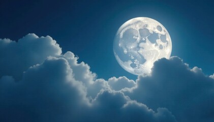 Obraz premium Silver glow of the moon amidst puffy white clouds, soft, gentle