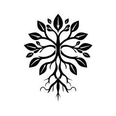 Symmetrical Tree of Life: Black and White Botanical Illustration.  A captivating graphic design featuring intricate roots and leaves, symbolizing growth, nature, and life.
