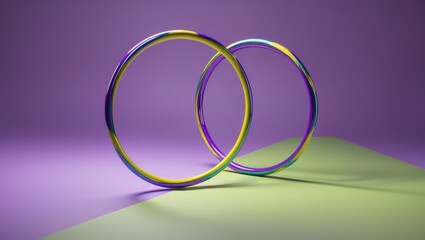 Dynamic colorful rings on green and purple background abstract art