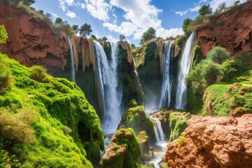 Obraz premium Discover the breathtaking Ouzoud Waterfalls in the Grand Atlas of Morocco, showcasing stunning cascades and lush green surroundings, perfect for nature enthusiasts and adventurers