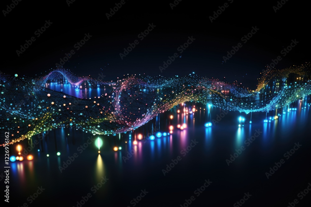 Poster an artistic representation of colorful data flowing through a dark space, creating vibrant waves and