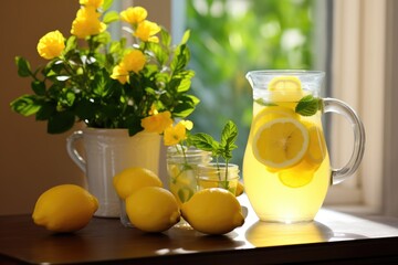 Fototapeta premium Refreshing summertime pitcher of lemonade with fresh lemons and mint sitting by a sunny window alongside blooming yellow flowers and additional lemons on a wooden table